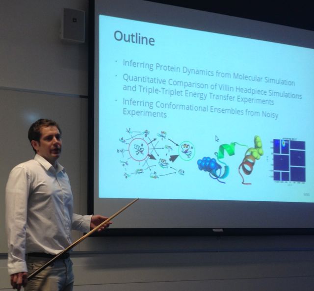 Kyle Beauchamp, joint student with Vijay Pande, defended his Ph.D. thesis in Biophysics, entitled Inferring protein structure and dynamics from simulation and experiment. Congratulations, Kyle!