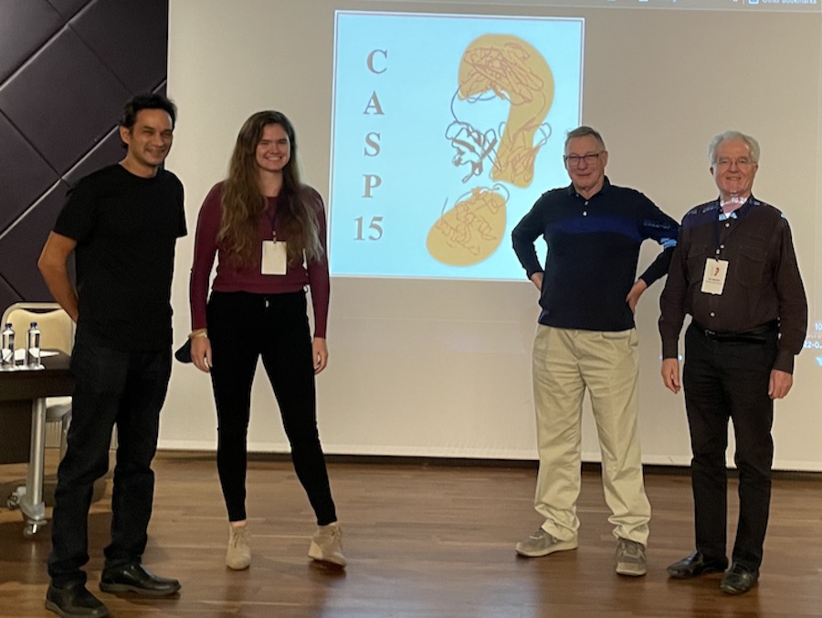 Rachael Kretsch, Phillip Pham, Ramya Ranga, and Rhiju assessed the RNA category at CASP15! It was a lot of fun to co-assess with the RNA-puzzles team and to work with the CASP organizers. This picture is from the conference in Antalya, Turkey and shows Rachael, Rhiju, John Moult (CASP), and Eric Westhof (RNA-Puzzles). Learn more about the assessment at the CASP15 website and our presentation. And the talk recording is now up on YouTube too.